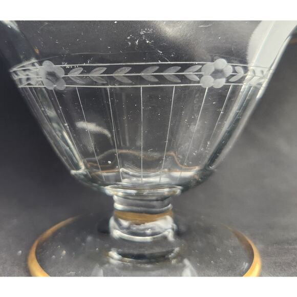 Glass Pedestal Compote Bowl Gold & Green‎ Edge Trim Flowers & Leaves Etched Band - Picture 3 of 8